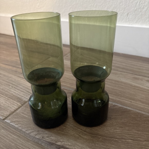 Pair Vintage Dansk 7.25" Green Glass Votive Candle Holder Hurricane Belgium IHO - Picture 5 of 7